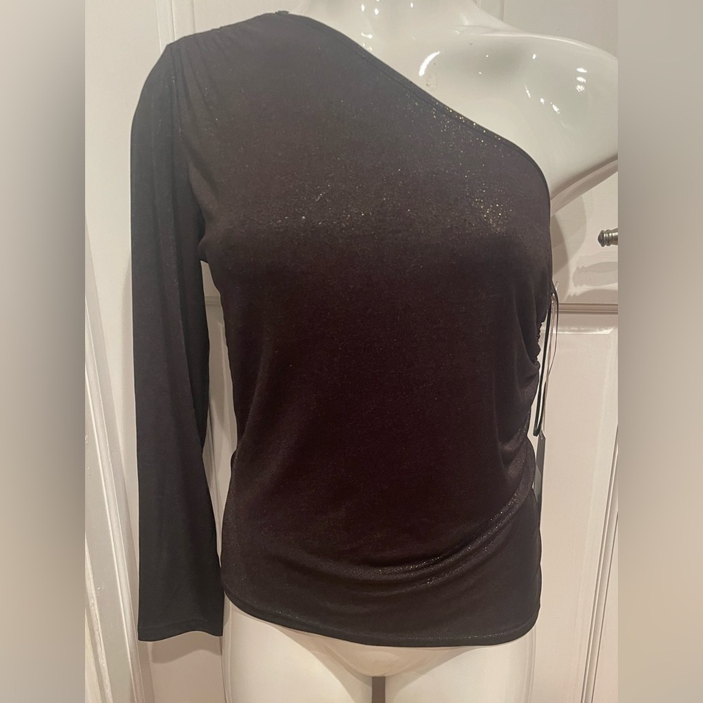 Bishop + Young Elegant Metallic Brown and Gold One-Shoulder Top L